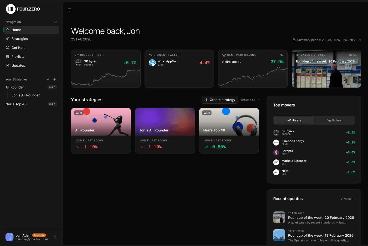 W4.0 dashboard showing investment strategies and performance