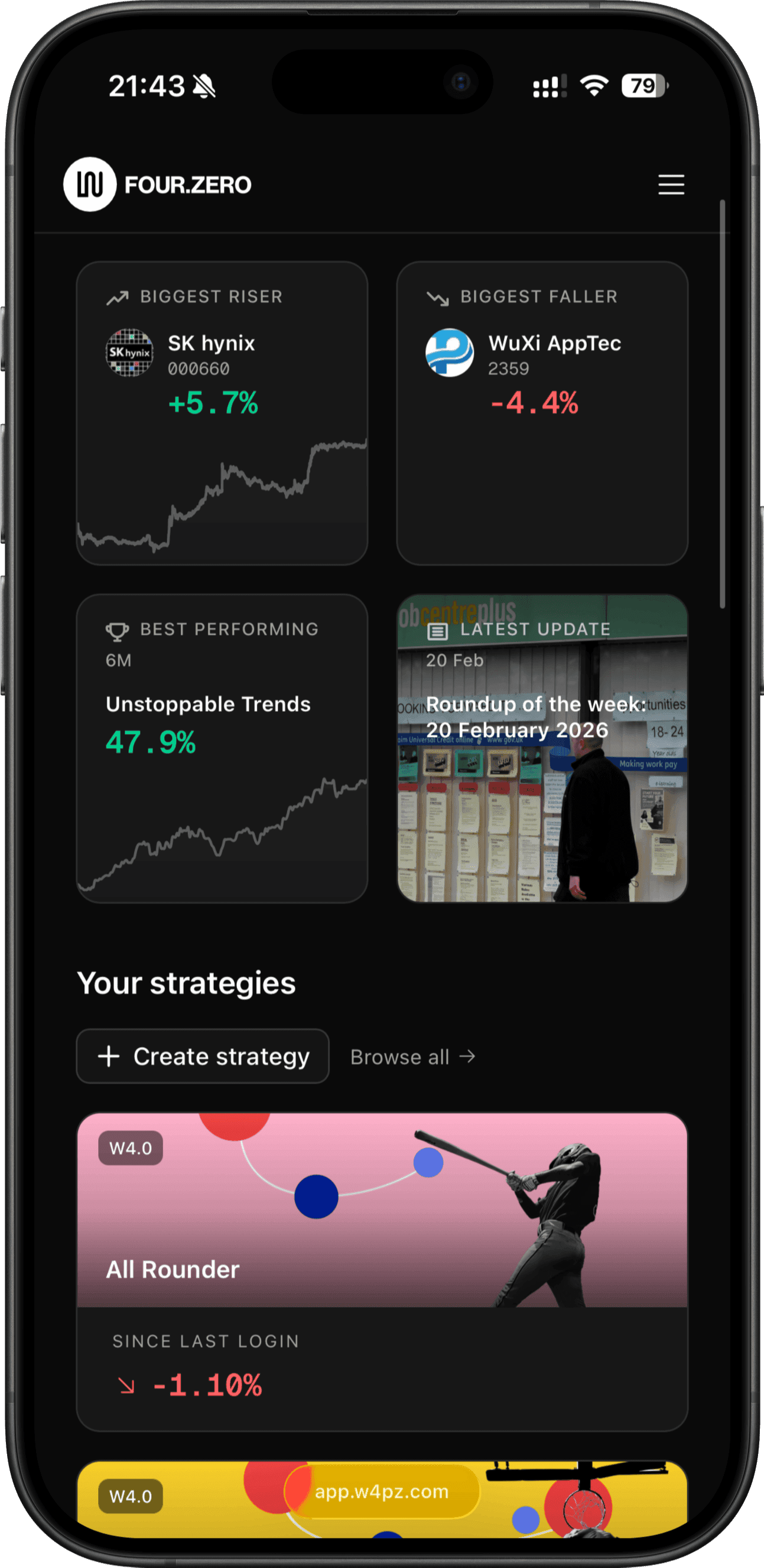 W4.0 dashboard showing investment strategies and performance
